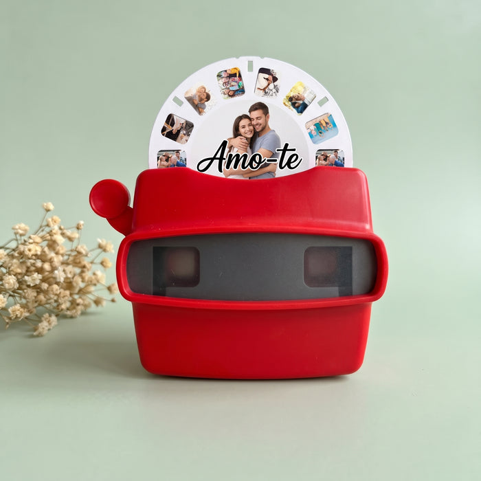 Visualizador retro vermelho com disco de fotografias personalizado